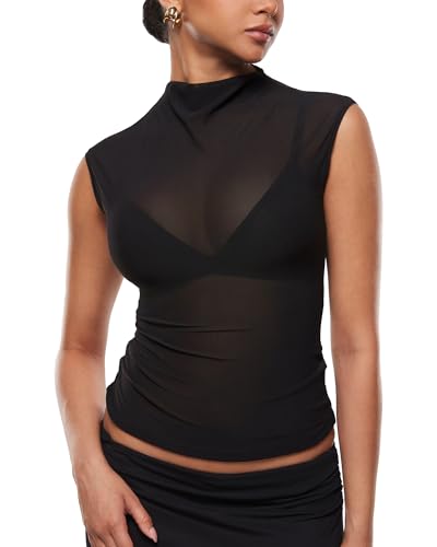 INLYRIC Women's Cosnufy Mesh Sheer Mock Turtle Neck Tank Tops See